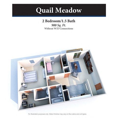 Floor plan for 2 beds, 1.5 baths, 900 sqft